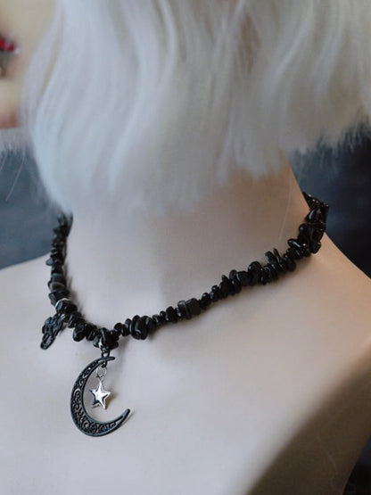 Black Gothic Star And Moon Pendant Crushed Stone Necklace