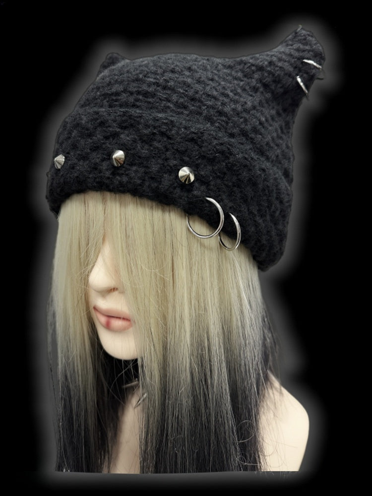 Black Punk Rock Studs Design Cat Ears Beanie