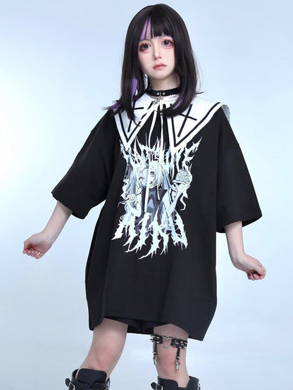 Black Jirai Kei Cartoon Girl Print Round Neck T-shirt