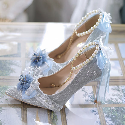 Dark Blue & Silver Glittering Floral Bownknot Detachable Beaded Chain Hime Lolita High Heels
