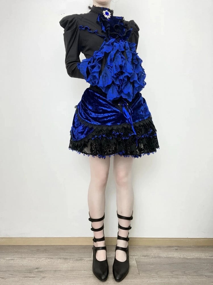 Black and Klein Blue Gothic Lolita Full Set - Long Bell Sleeves Shirt + Boned High Waist Skirt + Jabot Tie + Mini Hat
