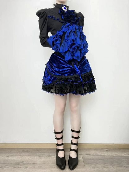 Black and Klein Blue Gothic Lolita Full Set - Long Bell Sleeves Shirt + Boned High Waist Skirt + Jabot Tie + Mini Hat