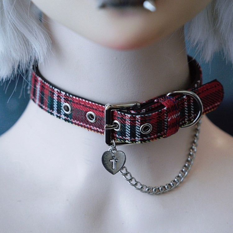 Red&Green Gothic Cross Decorated Heart And Chain Pendant Plaid Choker