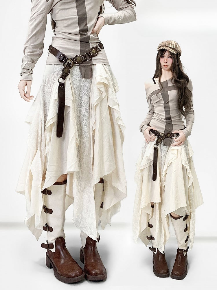 White Contrast Lace Patches Asymmetrical Hem Skirt