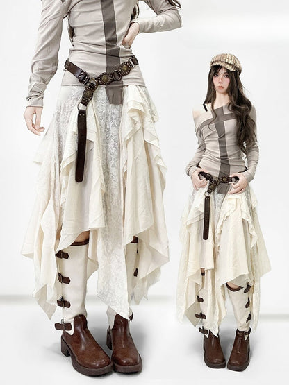 White Contrast Lace Patches Asymmetrical Hem Skirt