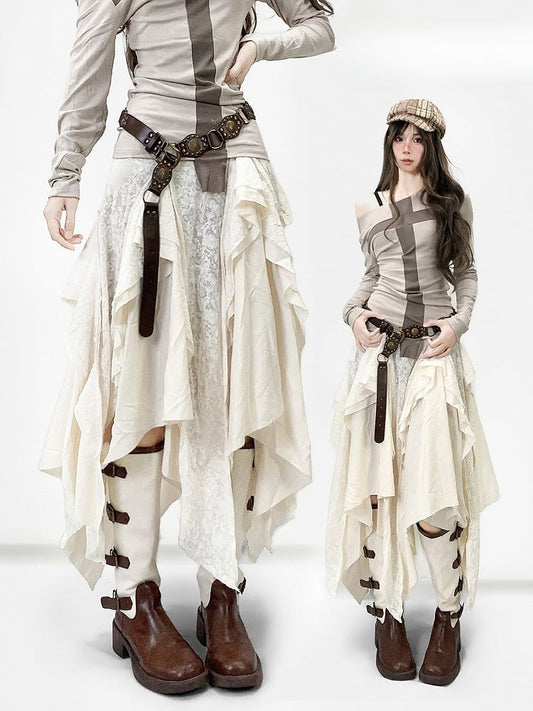 White Contrast Lace Patches Asymmetrical Hem Skirt
