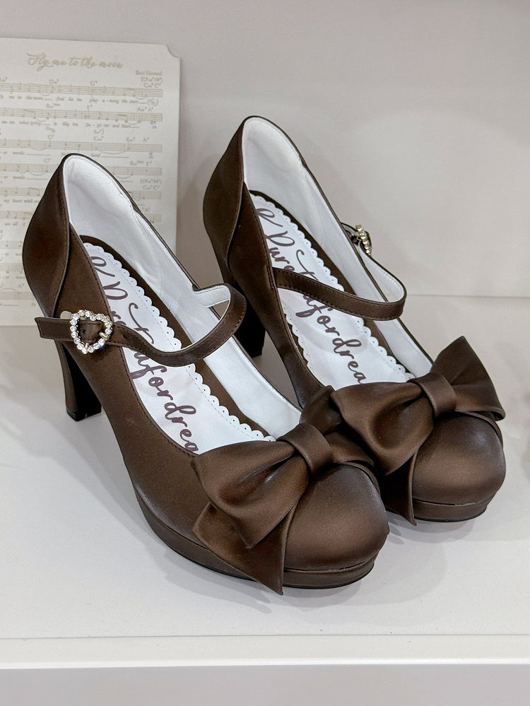 Brown PU Leather High-heel Shoes in Elegant Lolita with Rhinestone Heart Accent & Bow at Top