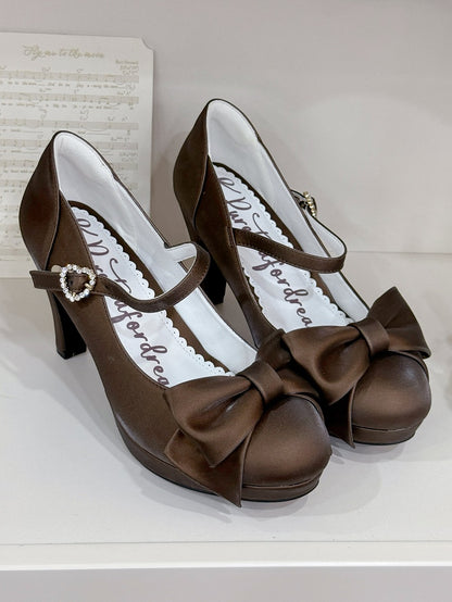 Brown PU Leather High-heel Shoes in Elegant Lolita with Rhinestone Heart Accent & Bow at Top