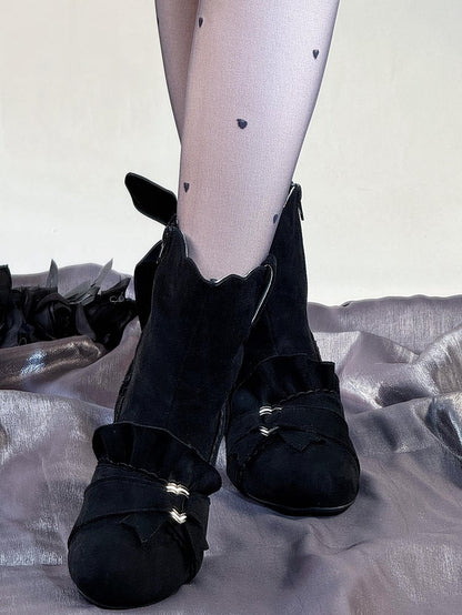 Black Knotted Bow Accent Zip Closure at Sides Ankle Boots