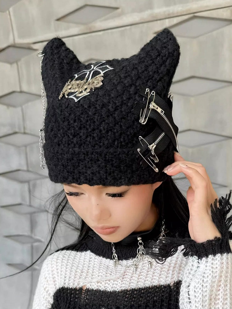 Black Y2K Punk Cross Knit Hat with Chain