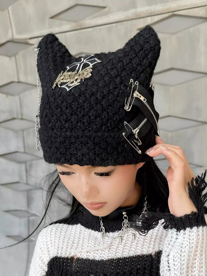 Black Y2K Punk Cross Knit Hat with Chain