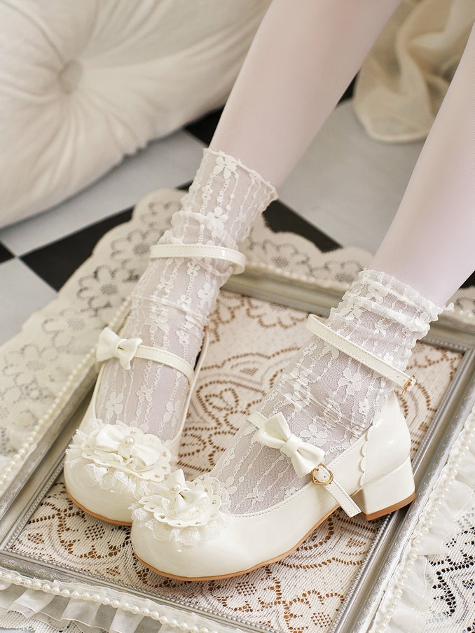 Milky White Bow at Top Lace Trim Heart Buckles Round Toe Lolita Shoes