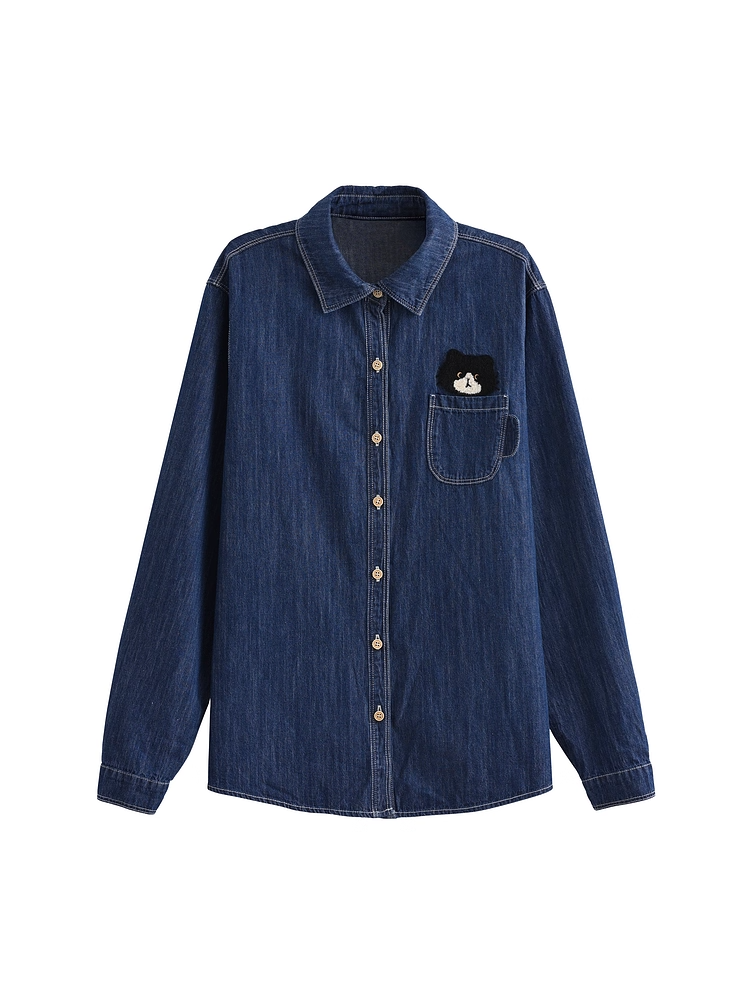 Cute Kitty Embroidery Dark Blue Faded Wash Denim Shirt