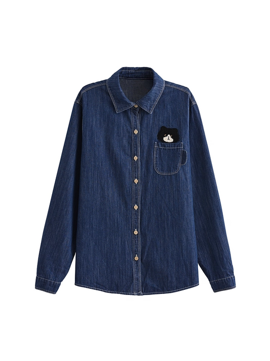 Cute Kitty Embroidery Dark Blue Faded Wash Denim Shirt