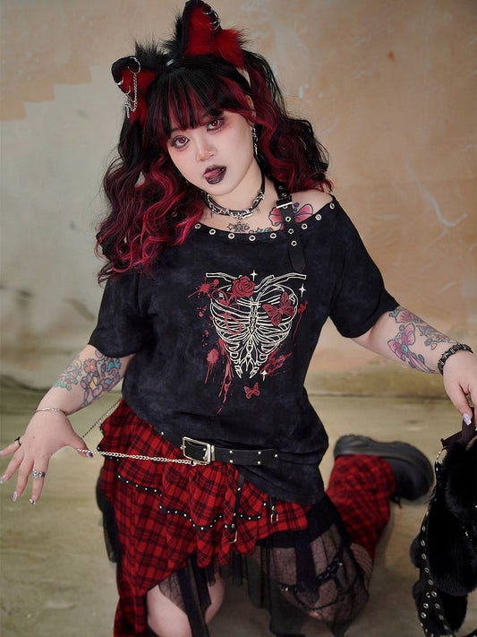 Plus Size Black Skeleton Print Punk T-shirt Buckle Shoulder Strap