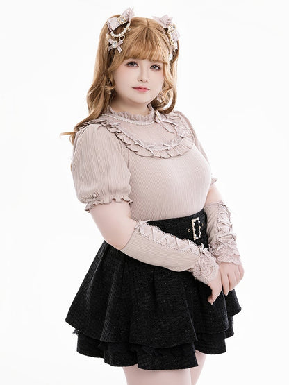 Jirai Kei Bowknots and Beads Decorated Illusion Neckline Dusty Pink Blouse with Free Armwear