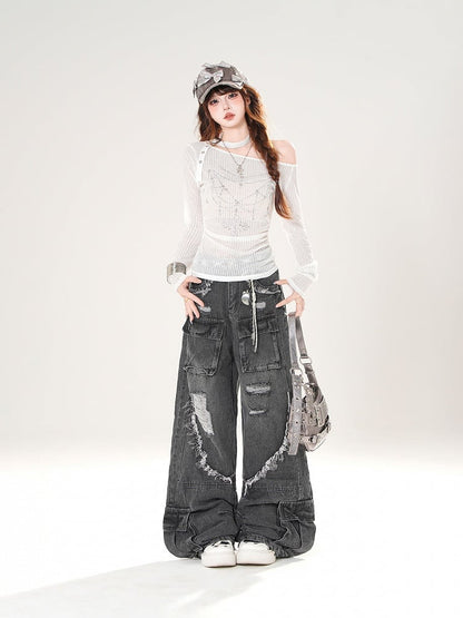 Black/Blue Low Rise Distressed Holes Raw Hem Wide-Leg Cargo Jeans