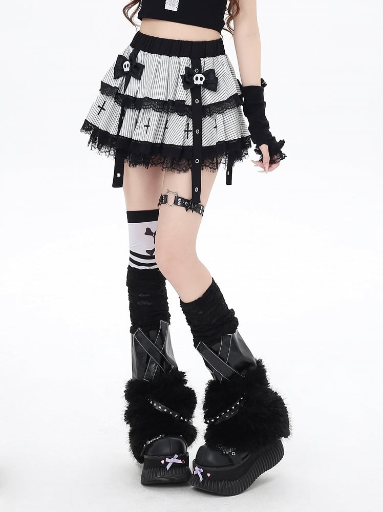 White Stripes Lace Trim Punk Lined Tiered Skirt with Skeleton Bow Clips