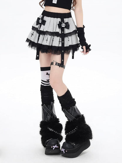 White Stripes Lace Trim Punk Lined Tiered Skirt with Skeleton Bow Clips