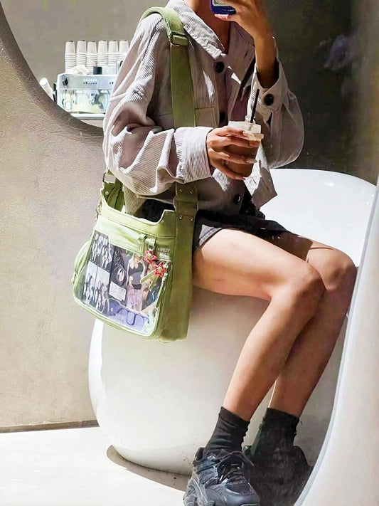 Green Denim Unisex Large Capacity Ita Bag with Adjustable Strap