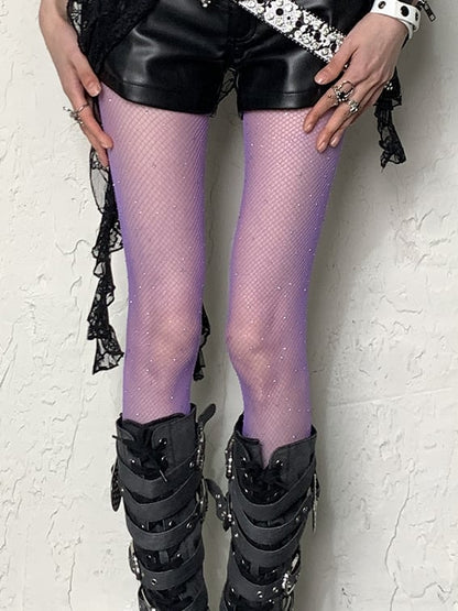 Purple Y2K Rhinestone Fishnet Tights