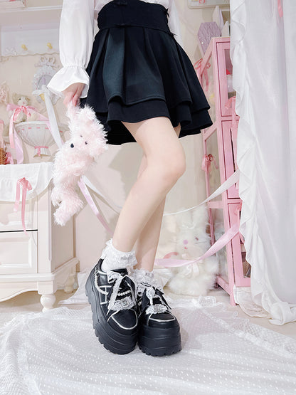 Jirai Kei Black Rhinestone Platform Shoes with Detachable Beaded Chain