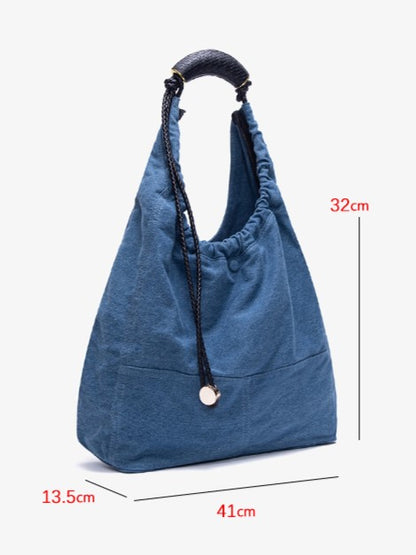 Blue Denim Large Capacity Tote Shoulder Bag With Adjustable Braided Strap