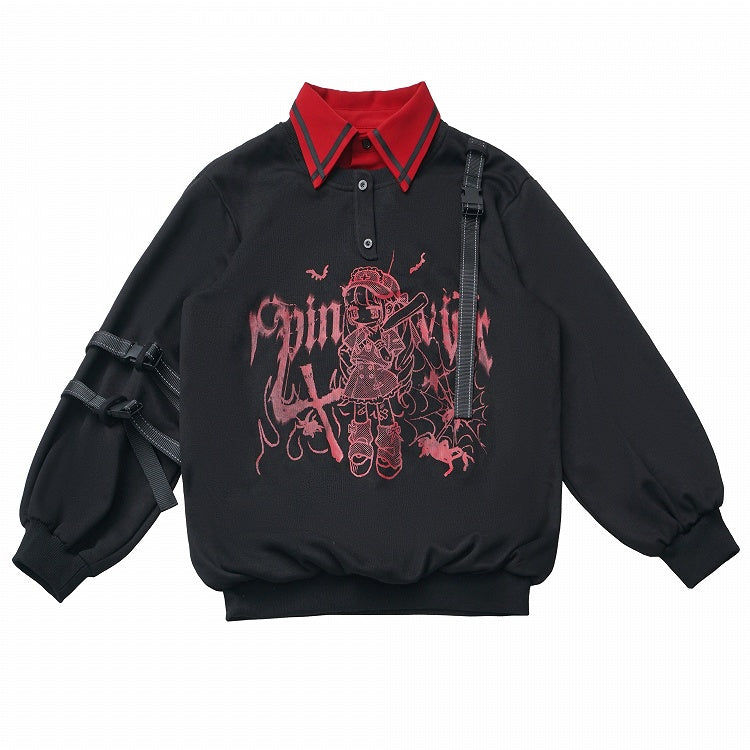 Techwear-Style Black/White Anime Girl Graffiti Sweatshirt with Letter Print and Detachable Snap Straps