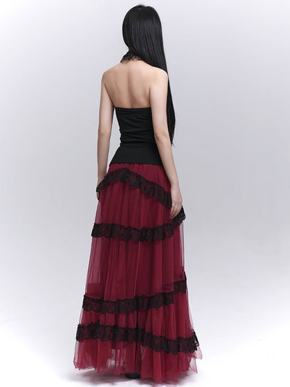 Contrast Black Lace Trim Wine Red Floor Length Mesh Skirt