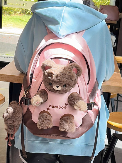 Pink Plush Backpack With A Detachable Brown Bear Doll