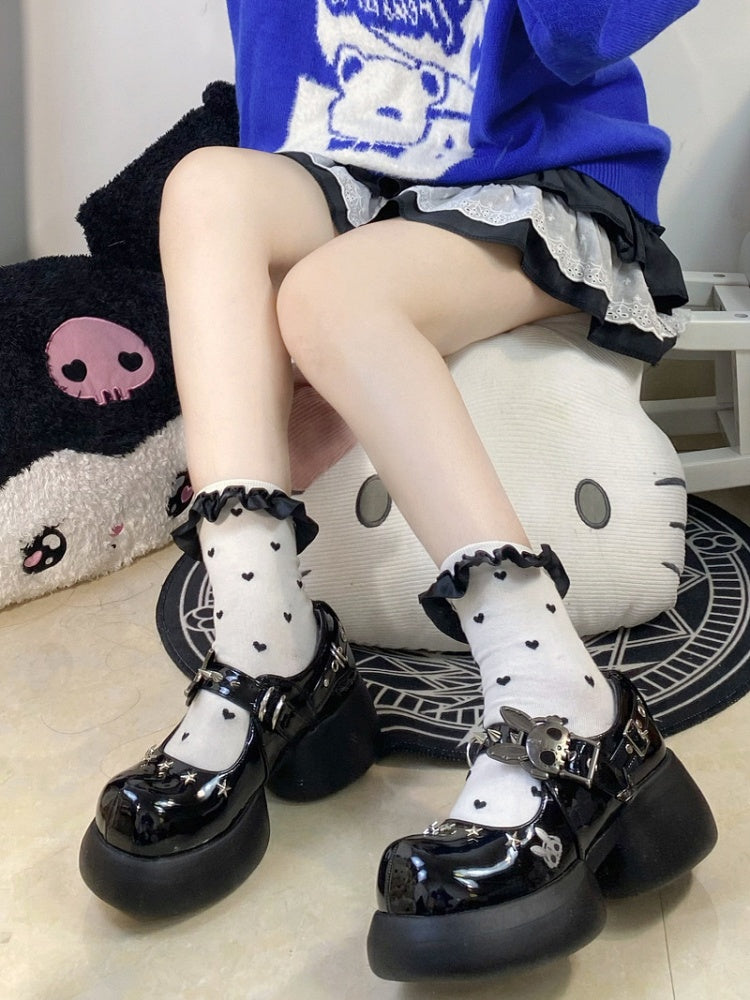 Studs Polished Black Platform Mary Janes with Skeleton Rabbit Buckles