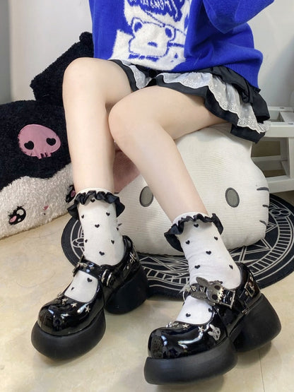 Studs Polished Black Platform Mary Janes with Skeleton Rabbit Buckles