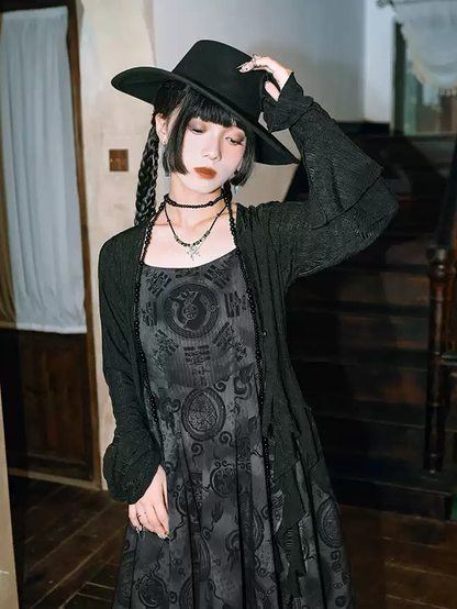 Black Chiffon Handkerchief Hem Cheongsam Style Graphic Cami Dress