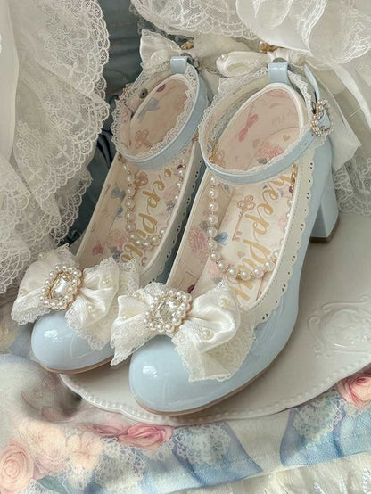 Blue Beaded And Rhinestone Decorated Bow at Top Lace Trim Mary Janes With Detachable Beaded Chain