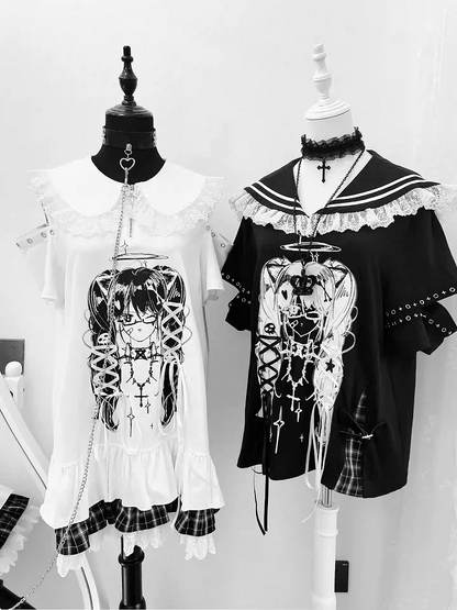 Anime Girl Print Peter Pan Collar Lace-up Details White Bittersweet Dress