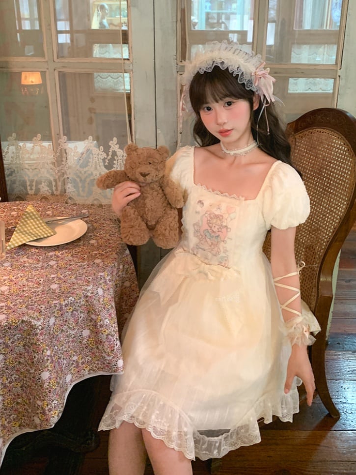 Sweet Fairy Tale Print Apricot Square Neckline and Short Puff Sleeves Big Bow Waist Casual Lolita Dress