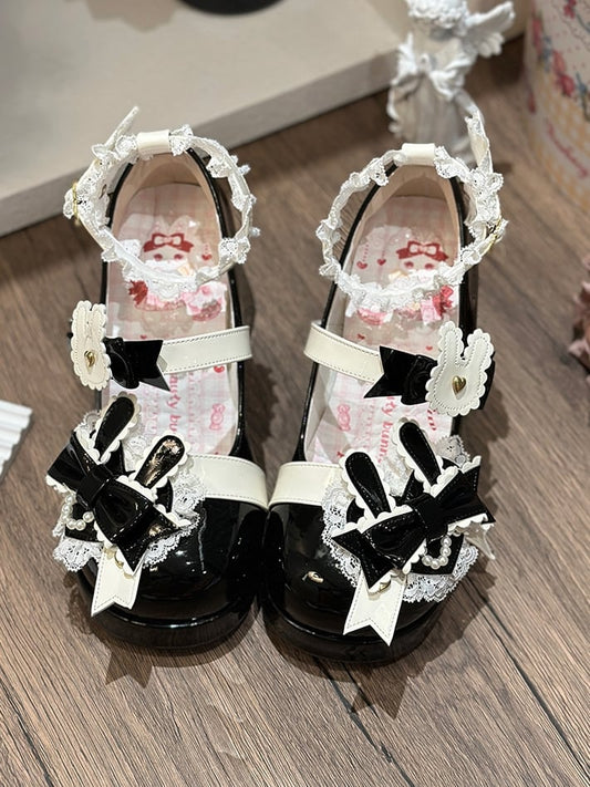 Polished Black Sweet Lolita Bunny Decorated Bowknot Details Lace Trim Platform High Block Heels