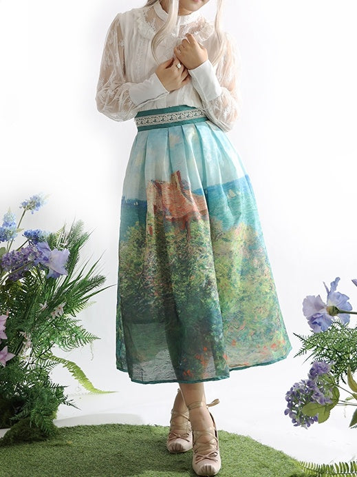 Fisherman's Cottage Oil Painting Print Geen High Waist Skirt Long/Short Version