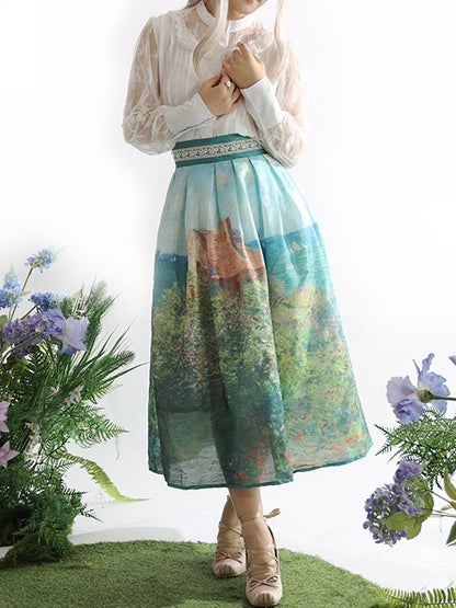 Fisherman's Cottage Oil Painting Print Geen High Waist Skirt Long/Short Version