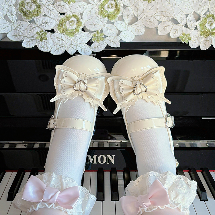 Sweet Lolita Apricot Bowknot Heart Buckle Strap Block Heel Mary Janes