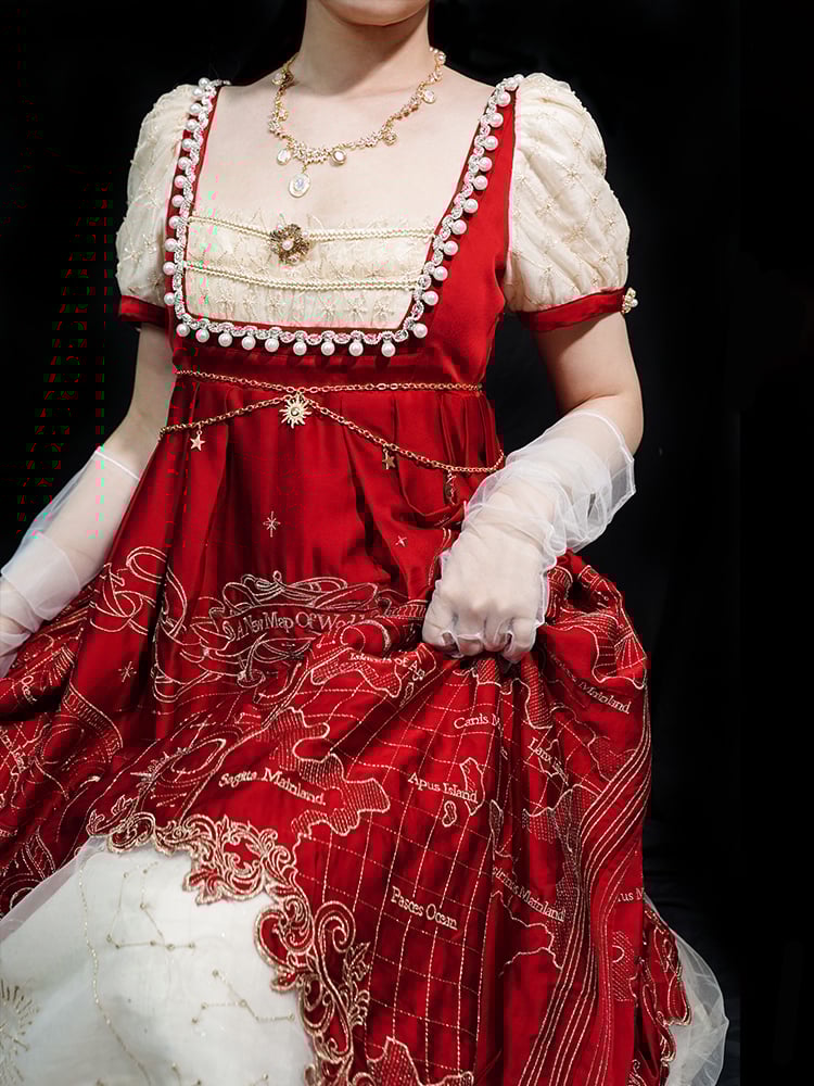 Delicate Gold Celestial Map Embroidery Empire Waist Wine Red and Beige Elegant Classic Lolita One Piece