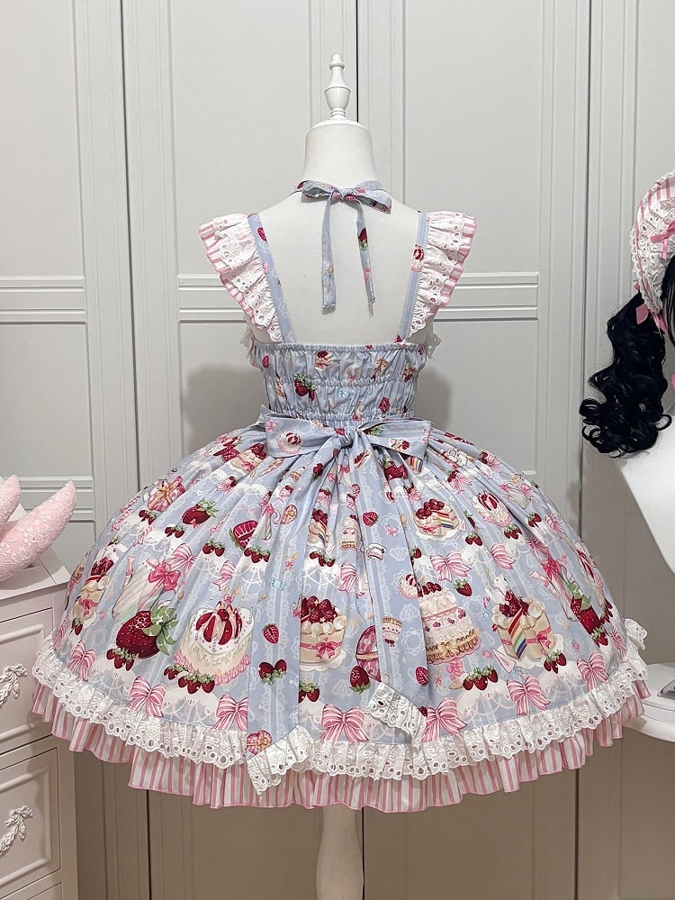Bows and Strawberry Dessert Print Blue Sweet Lolita Jumper Skirt