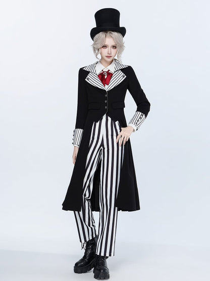 Ouji Fashion Clown Vibes White Striped Lapel Collar Black Tailcoat Halloween Outfit