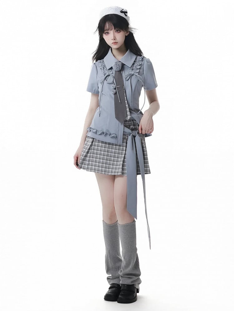 Dusty Blue Ruffle Trim Drawstring Details Preppy Style Slim-fitting Shirt