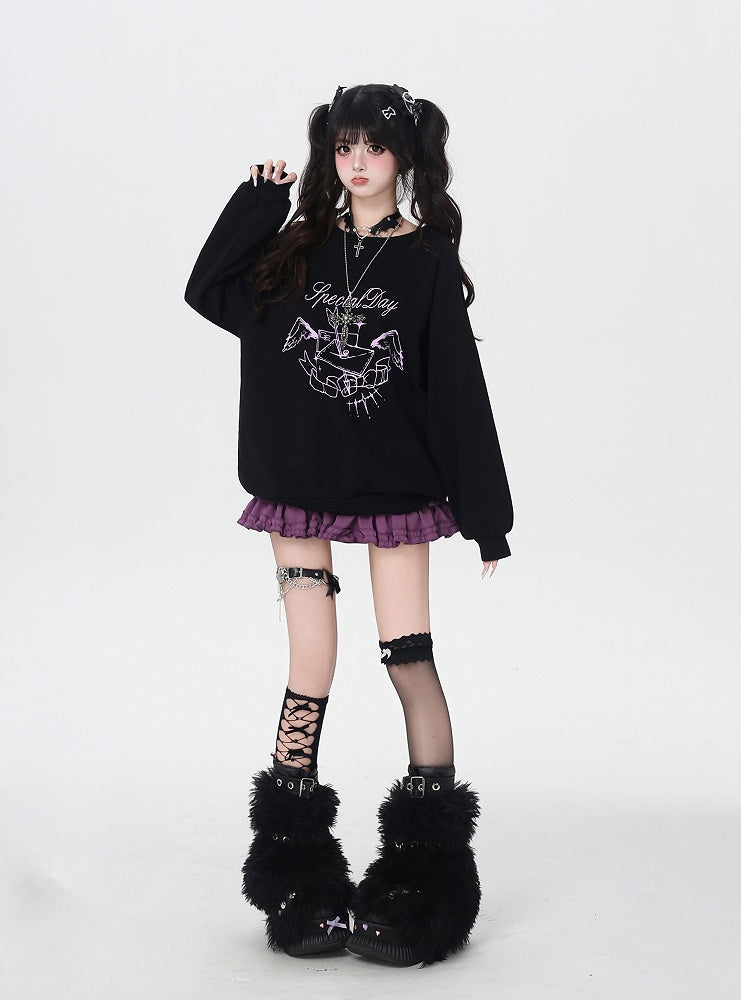 Self-tie Bowknot at Back Pink/Black Round Neck Graphic Sweatshirt