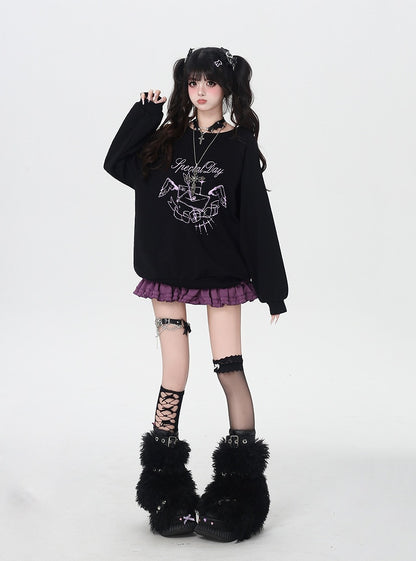 Self-tie Bowknot at Back Pink/Black Round Neck Graphic Sweatshirt