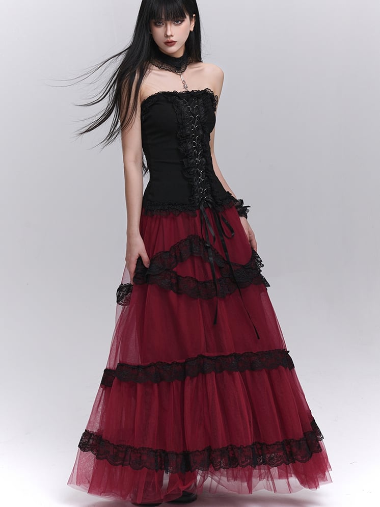 Contrast Black Lace Trim Wine Red Floor Length Mesh Skirt