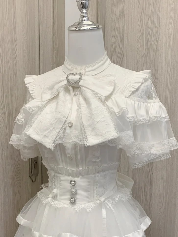 Clearance-Size M for Bust 90CM Jirai Kei White Illusion Neckline Tiered Ruffles Heart Buttons Short Sleeves Blouse with Big Bow