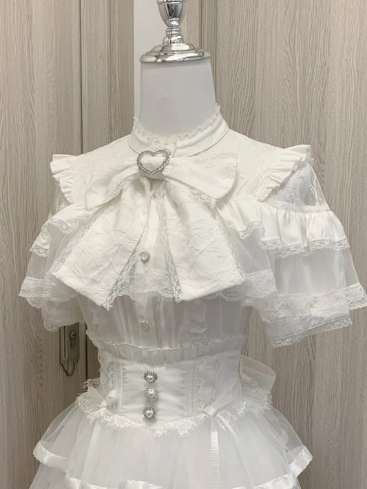 Clearance-Size M for Bust 90CM Jirai Kei White Illusion Neckline Tiered Ruffles Heart Buttons Short Sleeves Blouse with Big Bow