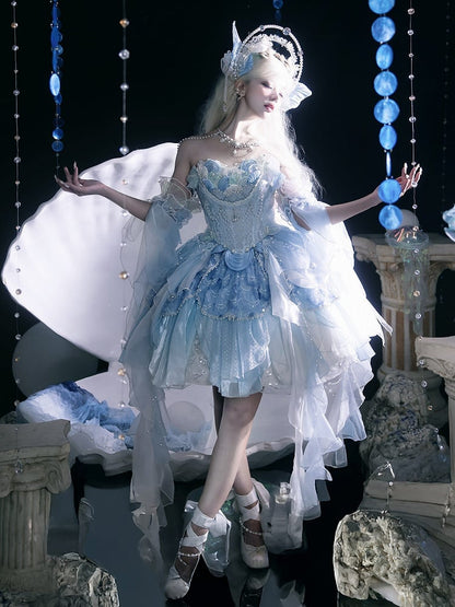 Light Blue Bead and Sequins Details Cascading Ruffle Accents Princess Lolita JSK Full Set